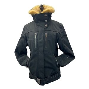 Spyder Ski Jacket Women Size 8 Black Excellent Faux Fur Collar Belted Puffer